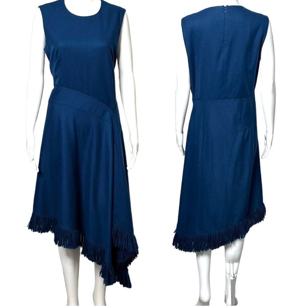 FERRAGAMO Cashmere Wool Asymmetric Fringed Midi Dress  Navy Blue NWT - Picture 3 of 11